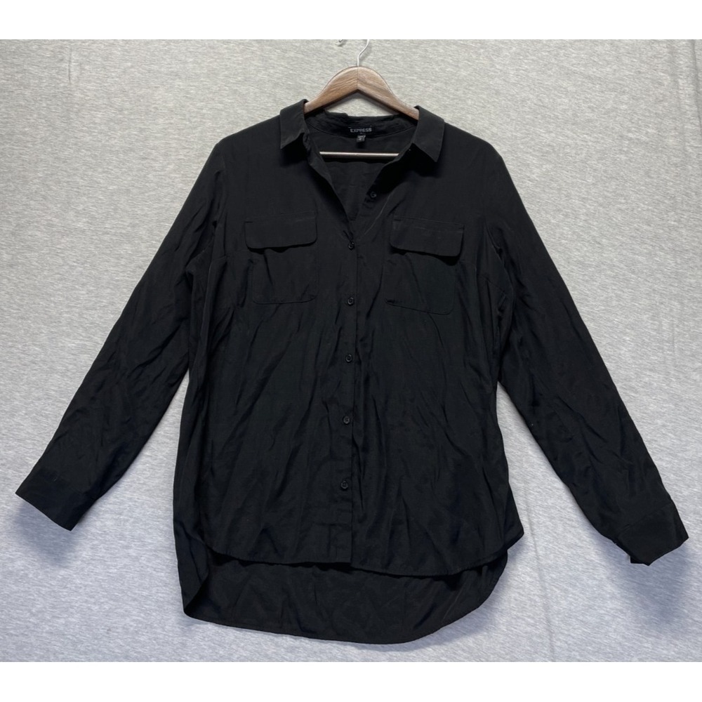 Express Shirt Womens Large Black Pleated Roll Tab Sleeve High Low Hem Button Up